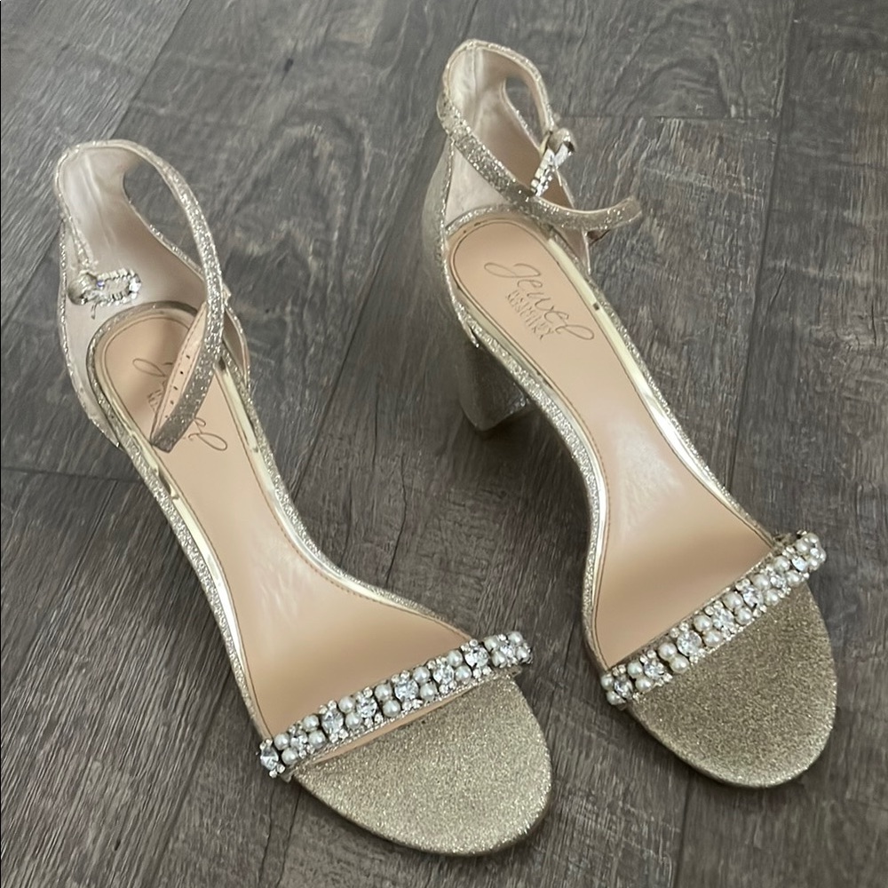 Gold Glitter Heels with Rhinestone and Pearl Detailing
